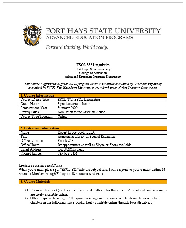 Screenshot of first page of ESOL 882 summer syllabus